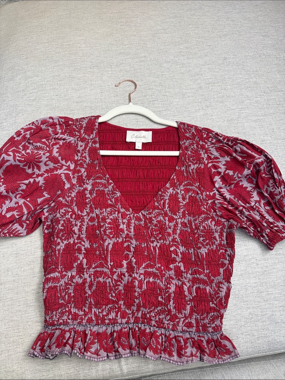 Cleobella Red and Light Gray Floral Smocked V-Neck Blouse